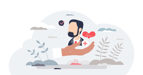 Patient safety and insurance coverage with medical care tiny person concept, transparent background. Health protection with effective diagnosis and checkups support illustration.