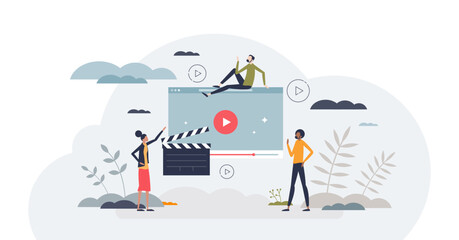 Streaming services with cinema or movie playing website tiny person concept, transparent background. Digital media broadcasting player with live entertainment content illustration.