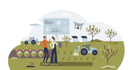 Precision farming with smart and effective agriculture tiny person concept, transparent background. Modern soil humidity and nutrition control for gardening illustration. © VectorMine
