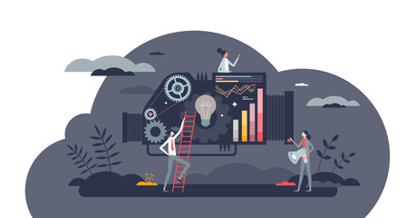 Innovation engine as symbolic new creative project launch tiny person concept, transparent background. Startup idea development with business strategy and data analysis parts illustration.
