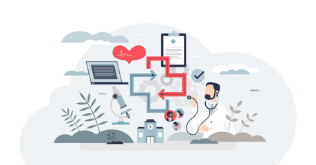 Interoperability in medicine with health data integration tiny person concept, transparent background. Effective and productive healthcare model with electronic records system.
