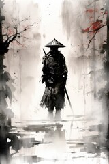 A lone samurai standing against the storm - ink wash illustration created using generative AI tools