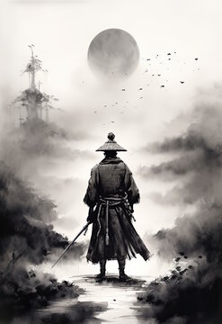 A lone samurai standing against the storm - ink wash illustration created using generative AI tools