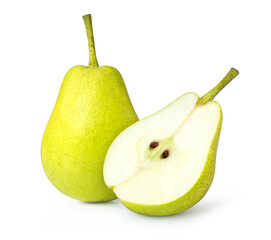 Green pear with half slice isolated on white.