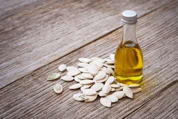 Pumpkin seed oil in a glass bottle