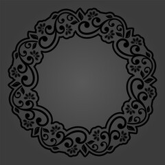 Oriental vector round frame with arabesques and floral elements. Floral round dark border with vintage pattern