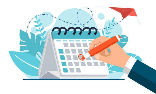 Hand Businessman hold pen marks the date, holiday, priority, important, reminder day on calendar concept. Vector illustration flat design for banner and poster.