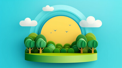 Fototapeta premium 3D paper cut of summer season on green nature landscape. 
