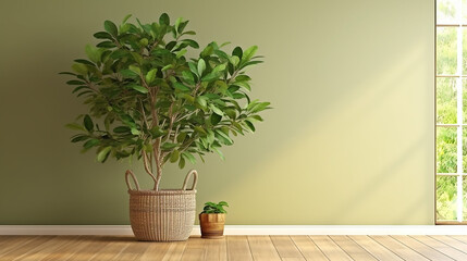 Clean blank sage green wall with tropical Indian fig. 