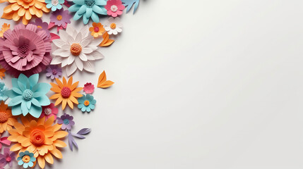 Colorful paper cut flowers with copy space and white background. 