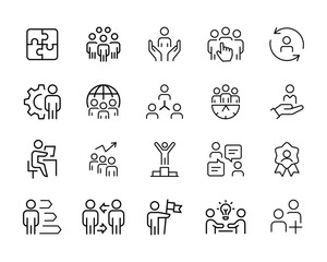 Team Work Icons.Collaboration, Research, Meeting business, working, management Business people, human resources, Employees icon vector symbol logo illustration line editable stroke isolated on white