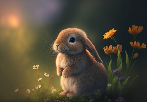 Spring bunny meadow animals hare in flowers field