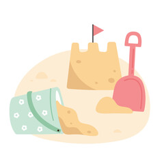 Yellow summer sand castle with children toys