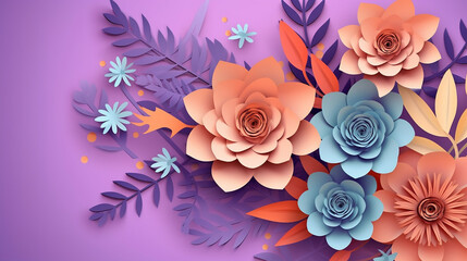 Paper cut flowers and leaves spring background Generative AI