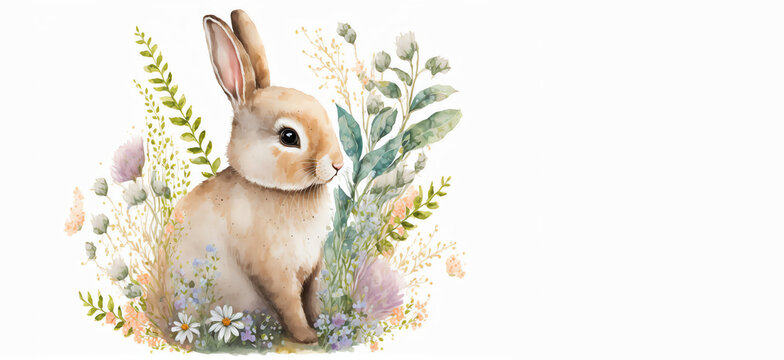 Watercolor rabbit spring animals bunny in flowers