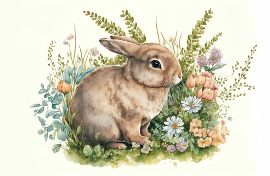 Watercolor rabbit spring animals bunny in meadow
