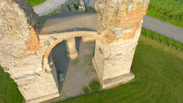 Aerial Topdown View Of Heidentor Ruin Arch In Petronell-Carnuntum, Austria.