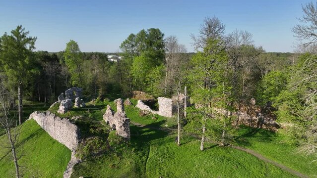 Aerial view of Helme Order Castle on a sunny evening. Estonia.