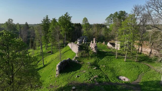 Descending aerial view of ruins of Helme Order Castle on a sunny evening. Estonia.