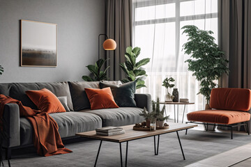 Interior living room with sofa and summer landscape at the window. Interior design. 3D illustration