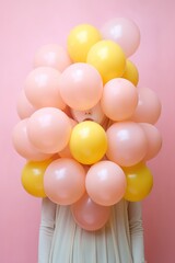 Fototapeta na wymiar Beautiful female girl woman with blonde hair posing in pink and yellow balloons and futuristic puffer jacket. Generated AI.
