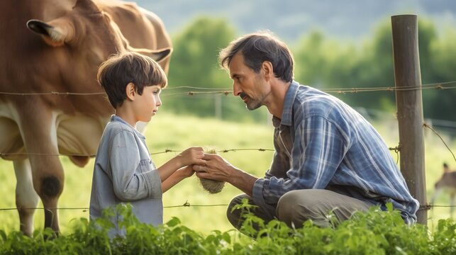 Portrait of a father and son feeding grass to cows on a cattle farm, Generative AI