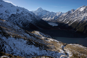 New Zealand winter landscape of mountains with snow featuring Aoraki / Mount Cook