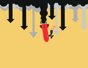 Business risk and failure. Businesswoman clinging to a falling rocket