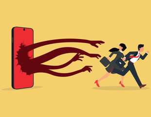Business men and women running away from mobile phone. Dangers of mobile phones and social media