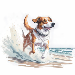 Running dog on beach watercolor detailed on white background AI Generate - 609812601