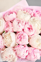 A close-up photo of bouquet of white and pink peonies in women's hands. Flower delivery. A beautiful bouquet of flowers as a gift for a holiday.