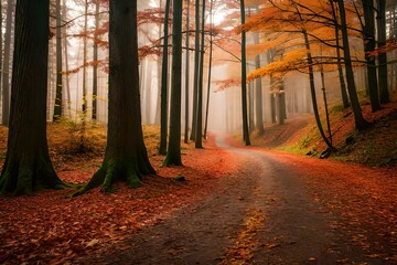 A path passing through a misty forest during autumn season, created with Generative AI.