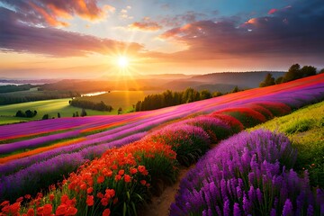 Dramatic sunset over a vast field of colorful flowers, created with Generative AI