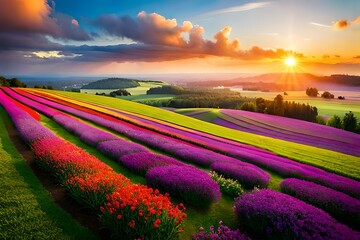 Dramatic sunset over a vast field of colorful flowers, created with Generative AI