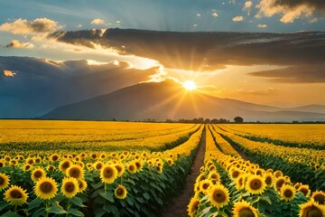Dramatic sunset over a field of sunflowers, created with Generative AI