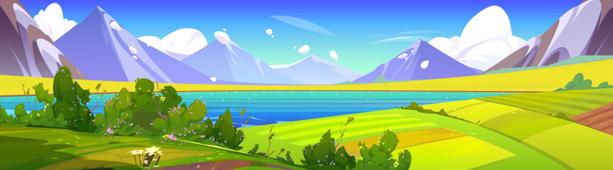 Spring mountain nature and green field vector landscape illustration. Summer hill cartoon scenery with lake, cloud and flower. Sunny rural village valley near river and pasture farmland backdrop.
