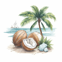 Coconut on beach watercolor detailed on white background AI Generate - 609813041