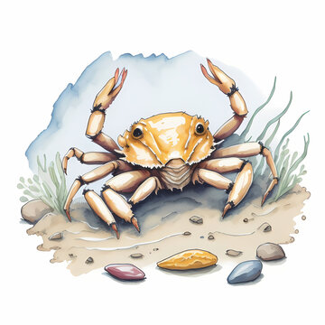 Baby crab on beach watercolor detailed on white background AI Generate