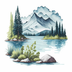Lake watercolor detailed on white background AI Generate - 609813228