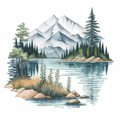 Lake watercolor detailed on white background AI Generate - 609813235