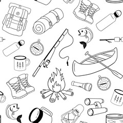 Seamless pattern on theme of hiking and holidays in camp. Monochrome background with fishing rod and bonfire.