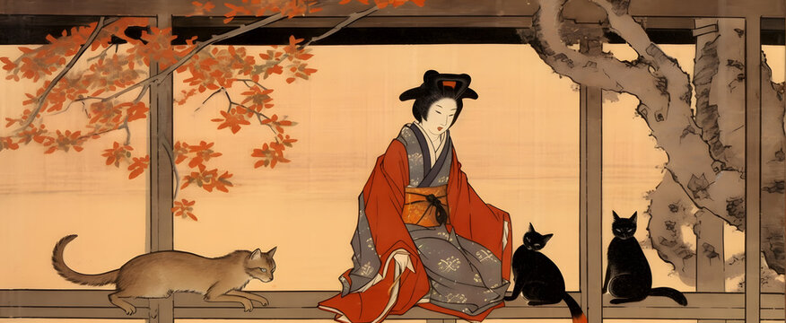 女性、猫、イラスト、浮世絵、
woman, cat, illustration, ukiyo-e,. Generative AI