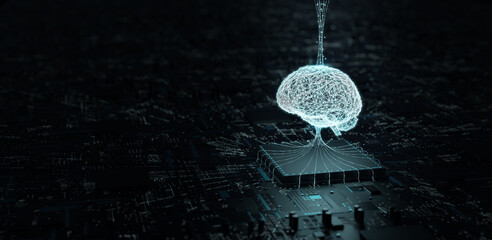 Artificial Intelligence hardware concept. 
Glowing brain circuit on computer motherboard. 
big data processing, ai trading, machine learning, technology, 3D illustration, 3D rendering.