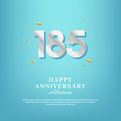 185th anniversary vector template with a white number and confetti spread on a gradient background