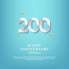 200th anniversary vector template with a white number and confetti spread on a gradient background