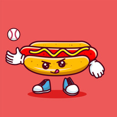 Vector illustration of kawaii hot dog cartoon character with baseball bat and ball. Vector eps 10