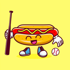 Vector illustration of kawaii hot dog cartoon character with baseball bat and ball. Vector eps 10