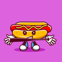 Vector illustration of kawaii hot dog cartoon character with baseball bat and ball. Vector eps 10