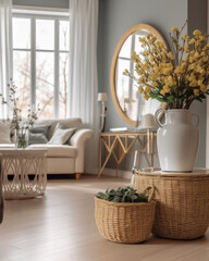 Baskets in a minimalist living room corner. Minimalist interior decoration concept. Generative AI