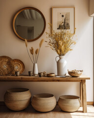 Baskets in a minimalist living room corner. Minimalist interior decoration concept. Generative AI